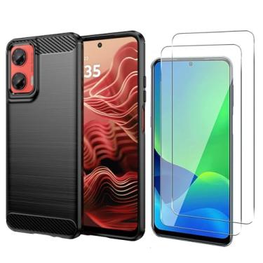 Imagem de MISIDE caso para Moto G35 5G caso, com Moto G35 5G protetor de tela. [3 em 1] Capa de fibra de carbono resistente a arranhões + protetor de tela de vidro temperado 9H (preto)