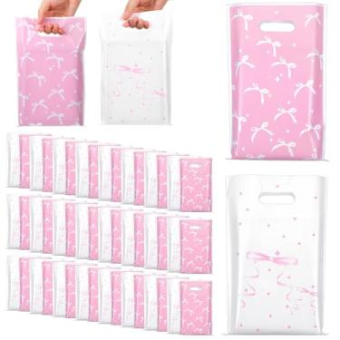 Imagem de LXUEJIE 100 peças de sacos de brindes de laço rosa, sacos de lembrancinha de festa rosa, saco de doces de plástico para meninas, presente de aniversário, para casamento, chá de bebê, artigos de festa