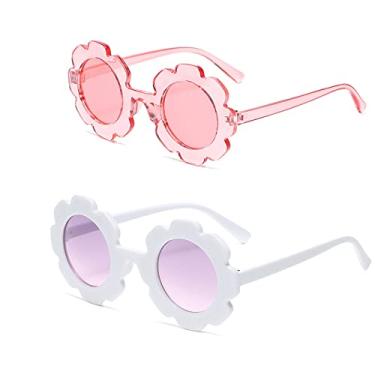 Imagem de JieJieko Óculos de sol infantis redondos de flores para meninas, lindos óculos de sol para crianças, para piscina, praia, exterior, idade de 2 a 10 anos (WhiteCleakpink)