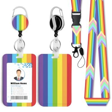 Imagem de Porta-crachá de identificação com listras verticais arco-íris e carretel retrátil resistente - chaveiro mosquetão giratório de 360° para mulheres, estudantes, professores, enfermeiros, uso no