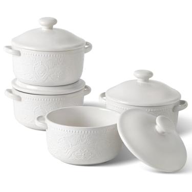 Imagem de Conjunto de mini cocotte, pratos de caçarola pequena de 293 g com tampas, conjuntos de caçarola de cozinha de cerâmica com alças, tigelas grandes de sopa de cebola francesa, potes de sopa para cebola