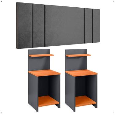 Imagem de Kit 2 Mesas Cabeceira Fantasy Cinza/Cinamomo Prateleira Nicho Mesinha Pequena Painel Suspenso Luana Suede 1,95 Cama Box King Size Quarto - Lojas RPM