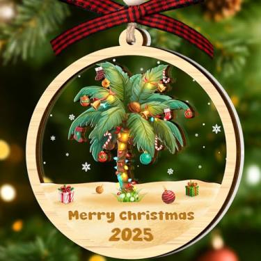 Imagem de Ornamento de palmeira - Enfeites de Natal de palmeira - Enfeites de Natal tropicais - Praia para mulheres, homens - 2 camadas de enfeite de acrílico de madeira 2025 - Decoração tropical