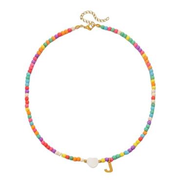 Imagem de Gargantilha feminina com contas de ouro 18 quilates - pingente de letra colorida de aço inoxidável impermeável - joia com pingente de alfabeto personalizado - Presente personalizado delicado para