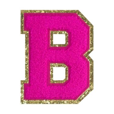 Imagem de 1 PÇ Patch de letra de chenille rosa de 11,4 cm com borda dourada – Remendos do alfabeto para roupas, jaquetas, mochilas, chapéus para decoração personalizada, nome personalizado e artesanato. (B)
