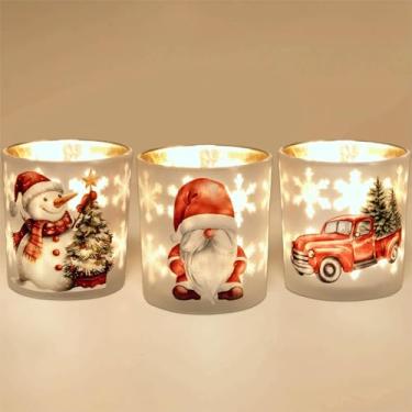 Imagem de Castiçais votivos de Natal, conjunto de 3 castiçais de vidro vermelho ouro branco para mesa de centro de mesa de Natal, suportes de luz de chá de Natal com gnomos, caminhão, boneco de neve para
