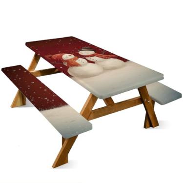 Imagem de ANNA QUEEN Conjunto de capa de mesa de piquenique de boneco de neve de Natal de 1,82 m x 76 cm, à prova d'água, banco e toalha de mesa, proteção de móveis para acampamento, praia, churrasco, pátio
