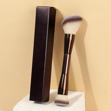 Imagem de 1 pincel de maquiagem de ponta dupla em uma caixa de papel, cerdas sintéticas, macias e fofas, para blush, sombra e contorno (café)