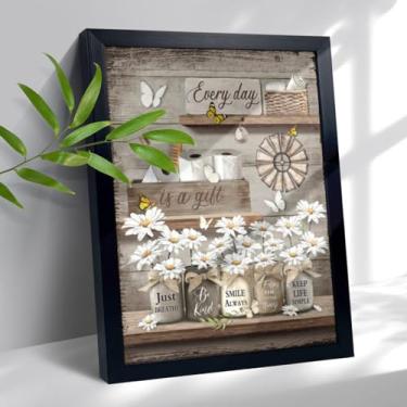 Imagem de Arte de parede de margarida rústica moldura preta vintage impressão em tela de banheiro decoração de banheiro flor borboleta casa de fazenda imagem rústica de banheiro decoração de casa de banho para