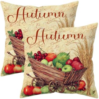 Imagem de Puacino Conjunto de 2 capas de almofada de outono, 45 x 45 cm, colheita de outono com estampa frente e verso, capas de almofada de linho decorativas de fazenda para sofá, cama, decoração sazonal