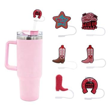 Imagem de Bchjatk 6 peças de capas de palha impressas em jeans rosa com copo Stanley de 30 e 1,134 g, tampas de silicone macio de 10 mm, topos de canudo reutilizáveis à prova de poeira, decorações divertidas de