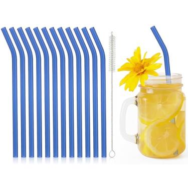 Imagem de 12 canudos de vidro reutilizáveis de 20 x 8 mm com escova de limpeza para chá, smoothies, milkshakes, sucos, bebidas (azul claro)