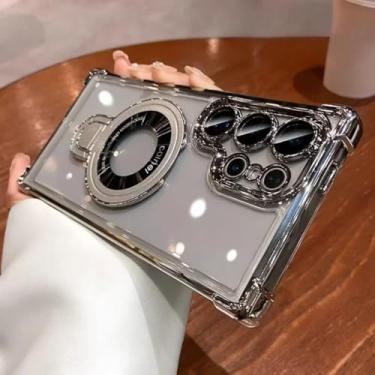 Imagem de HJZSZX Capa de celular luxuosa com suporte magnético e capa transparente para A54 5G (para A54 5G/prateada)