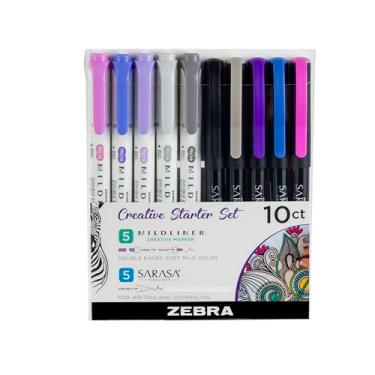 Imagem de Zebra Pen Conjunto criativo para iniciantes, inclui 5 marcadores Mildliner e 5 canetas marcadoras Sarasa Fineliner, cores de tinta sortidas, pacote com 10 (10015)