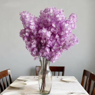 Imagem de KILELI 5 peças de flores de cerejeira artificiais de primavera, ramos de flor de cerejeira de seda 95 cm, buquê de caule longo, vasos de flores a granel, arranjos para decoração de casa de casamento