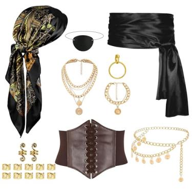 Imagem de Tinyones 10 peças de acessórios de fantasia de pirata para mulheres com lenço de cabeça, espartilho de pirata, colar, faixa, cinto de corrente