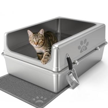 Imagem de Caixa de areia para gatos de aço inoxidável fechada com tampa, caixa de areia de metal grande para vários gatos, vaso sanitário extragrande para gatos com lado alto, antiaderente, antivazamento,