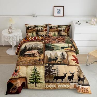 Imagem de Feelyou Jogo de cama king size de cabana rústica, casa de fazenda, para meninos, meninas, adolescentes, capa de edredom marrom, respirável, macia, leve e microfibra