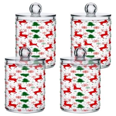 Imagem de STAYTOP 4 frascos de boticário Qtip para banheiro com etiquetas – Recipiente de armazenamento Qtip de plástico transparente para bola de algodão, cotonete, grão de café e rena de Natal