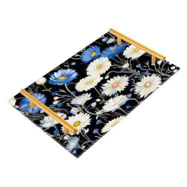 Imagem de Wassud Bandeja de banheiro com margaridas brancas e azuis com alças organizador de perfume de acrílico para banheiro, quarto, cozinha, balcão de 30 x 20 cm