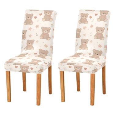 Imagem de Wassud Adorável capa de cadeira elástica de urso com corações para jantar capas de cadeira de cozinha laváveis conjunto de 2 protetores de assento
