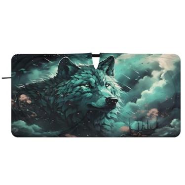 Imagem de CEBUGI Para-brisa de carro dobrável sombra de sol cabeça de lobo ciano persianas de janela de carro guarda-chuva para-brisa frontal para-sol para acessórios de carro legal bloqueador solar refletivo