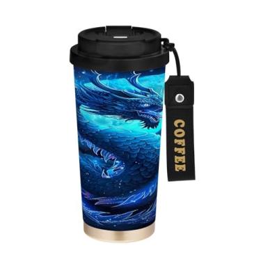 Imagem de YETTASBIN Caneca de café Dragon com isolamento térmico de 482 g com tampa canudo, copo à prova de derramamento e vazamento com alça para bebida quente e fria, garrafa de água de aço inoxidável
