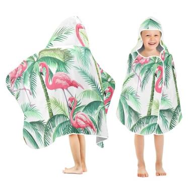 Imagem de Burbuja Toalha de banho com capuz de palmeiras flamingos para crianças, toalha de praia de pelúcia macia absorvente para chá de meninas e meninos 3-10 anos, 61 x 127 cm