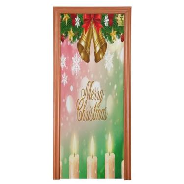 Imagem de Qilmy Decoração de capa de porta de sinos de Natal 91 x 248 cm tecido grande para decoração de festas de fim de ano placa para porta da frente varanda decoração externa janela parede 234