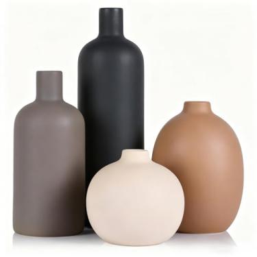 Imagem de Conjunto de vasos de cerâmica moderno, cores neutras, vasos decorativos para decoração de prateleiras, coleção de 4 peças (cinza e branco)
