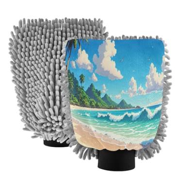 Imagem de STAYTOP Lindo cenário de praia luvas de lavagem de carro, 2 peças, luvas de microfibra de chenille, sem arranhões, panos de esponja de lavagem ultra absorventes para carros, limpeza doméstica - L