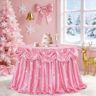 Imagem de B-COOL Toalha de mesa de lantejoulas redonda para decoração de festa: toalhas de mesa de 332 cm, tecido com glitter com sobreposição de lantejoulas para festas internas e externas, rosa fúcsia