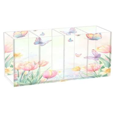 Imagem de Burbuja Porta-canetas de acrílico Tulipas narcisos, 4 compartimentos, suporte de lápis transparente para pincéis de maquiagem, acessórios de mesa de escritório em casa