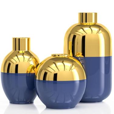 Imagem de Conjunto de 3 vasos de flores de cerâmica dourados, modernos e redondos para decoração de casa, quarto, escritório, sala de estar, estante de livros, casamento, mesa de banheiro (azul)