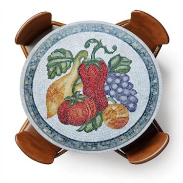 Imagem de YEYE JUICE Toalha de mesa redonda com elástico para uso externo para mesas de 114 a 142 cm, capa de mesa redonda à prova d'água para jantar interno, piquenique, acampamento (mosaico falso)