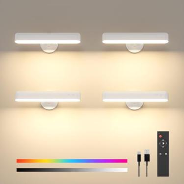 Imagem de PopoIron Pacote com 4 arandelas de parede, recarregáveis, 7500 mAh, luzes de parede operadas por bateria, lâmpada de parede LED sem fio, controle remoto e tátil, lâmpadas de parede em 3 cores, rotação