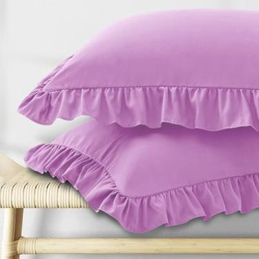 Imagem de KKJIAF Conjunto de 2 fronhas King Size com babados, fronhas com fecho de envelope, resistente a amassados, 51 x 91 cm, lavanda