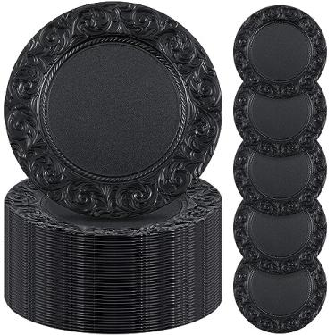 Imagem de Uiifan 50 peças de placas de carregamento antigas pretas a granel de 33 cm em relevo de plástico decorativo redondo para jantar, festa de casamento, eventos, decoração de mesa
