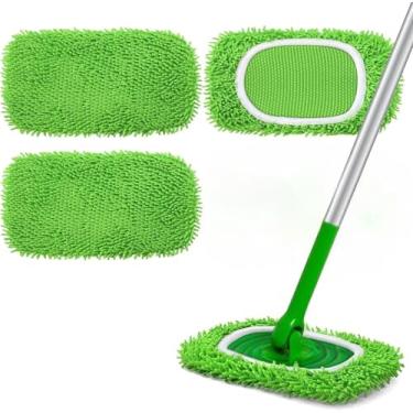 Imagem de Almofadas de esfregão de microfibra – Pacote com 3 refis laváveis reutilizáveis para limpeza de piso molhado e seco - Serve na maioria dos esfregões padrão - Almofadas de limpeza doméstica verdes