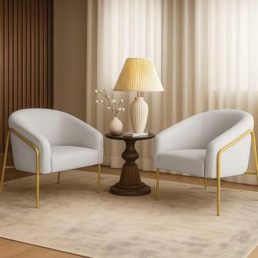 Imagem de Poltrona Sala Industrial Alta Dourado Kit 2 Stella Linho Cinza D03 - D