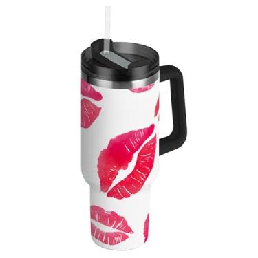 Imagem de Joisal Copos de aço inoxidável com tampas e canudo batom rosa vermelho beijo branco carros copo de café bebida quente copo à prova de vazamento com alça garrafa de água isolada 1,134 g