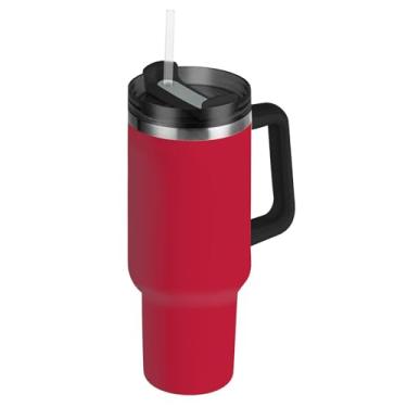 Imagem de Copos de aço inoxidável com tampas e canudo Caneca de café quente vermelha para viagem de carro copo à prova de vazamento com alça Garrafa de água isolada de 1,134 g