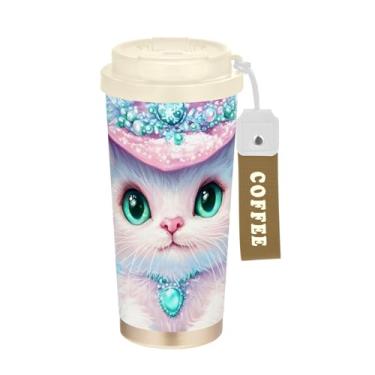 Imagem de TSENQUE Copo de café de viagem 473 ml com tampa de canudo e filp, copos de parede dupla isolados a vácuo com revestimento cerâmico, rosa gato branco de inverno