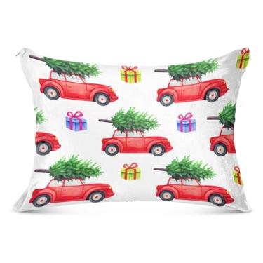 Imagem de Capa de almofada de flanela vermelha vintage carros árvores de Natal decorativa King Queen tamanho padrão linda capa de travesseiro grande macia, tamanho king, 50,8 cm x 101,6 cm