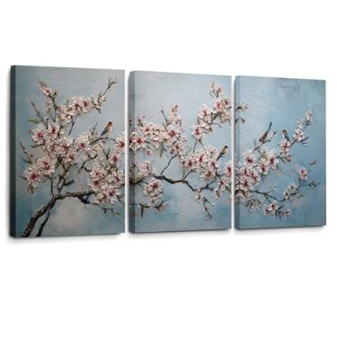 Imagem de CANLUNTE Arte de parede em tela de 3 peças, ramo de flor de cerejeira com pintura de pássaros - Arte tríptica floral moderna para quarto, sala de estar, escritório decoração de casa (arte tela