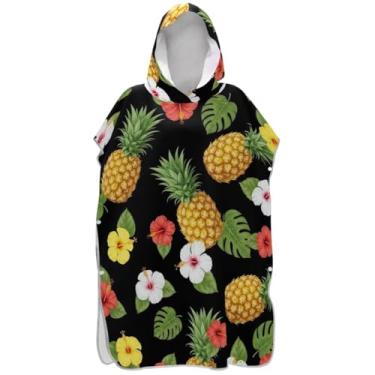 Imagem de Joisal Roupão absorvente para adultos poncho de surfe toalha de banho com capuz abacaxi amarelo hibisco colorido ponchos femininos com capuz
