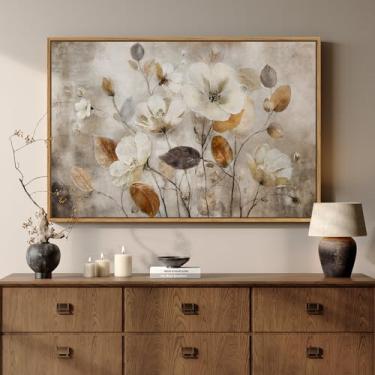 Imagem de Arte de parede floral neutra vintage emoldurada para sala de estar, arte em tela estética de flor botânica marrom para paredes, impressão de pintura rústica de casa de fazenda para quarto, sala de