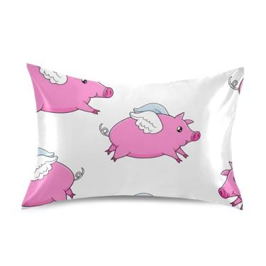 Imagem de Fronhas refrescantes florais personalizadas King Queen padrão fronhas fronhas de cetim cama fronha tamanho queen 76.2 cm x 50.8 cm bonito desenho animado rosa porcos