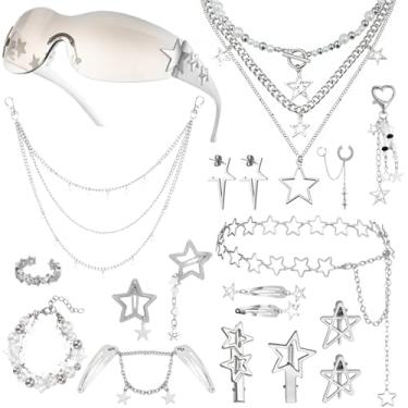 Imagem de JATEBI Conjunto de 20 peças de acessórios Y2k inclui colar em camadas de estrelas grunge Y2K óculos de sol pulseira clipes de cabelo estrela anel de prata chaveiro hip hop calça corrente conjunto de