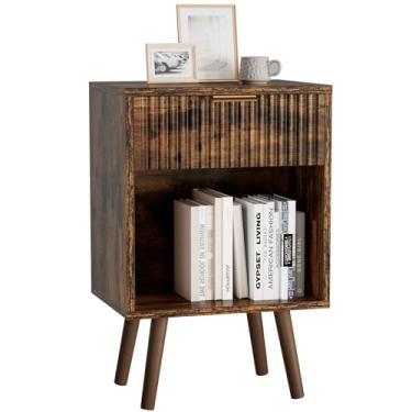 Imagem de YMYNY Conjunto de 2 mesas de cabeceira modernas de meados do século, mesa lateral com gaveta canelada, prateleira aberta, alça dourada, pernas de madeira maciça, mesa de cabeceira, para quarto, sala